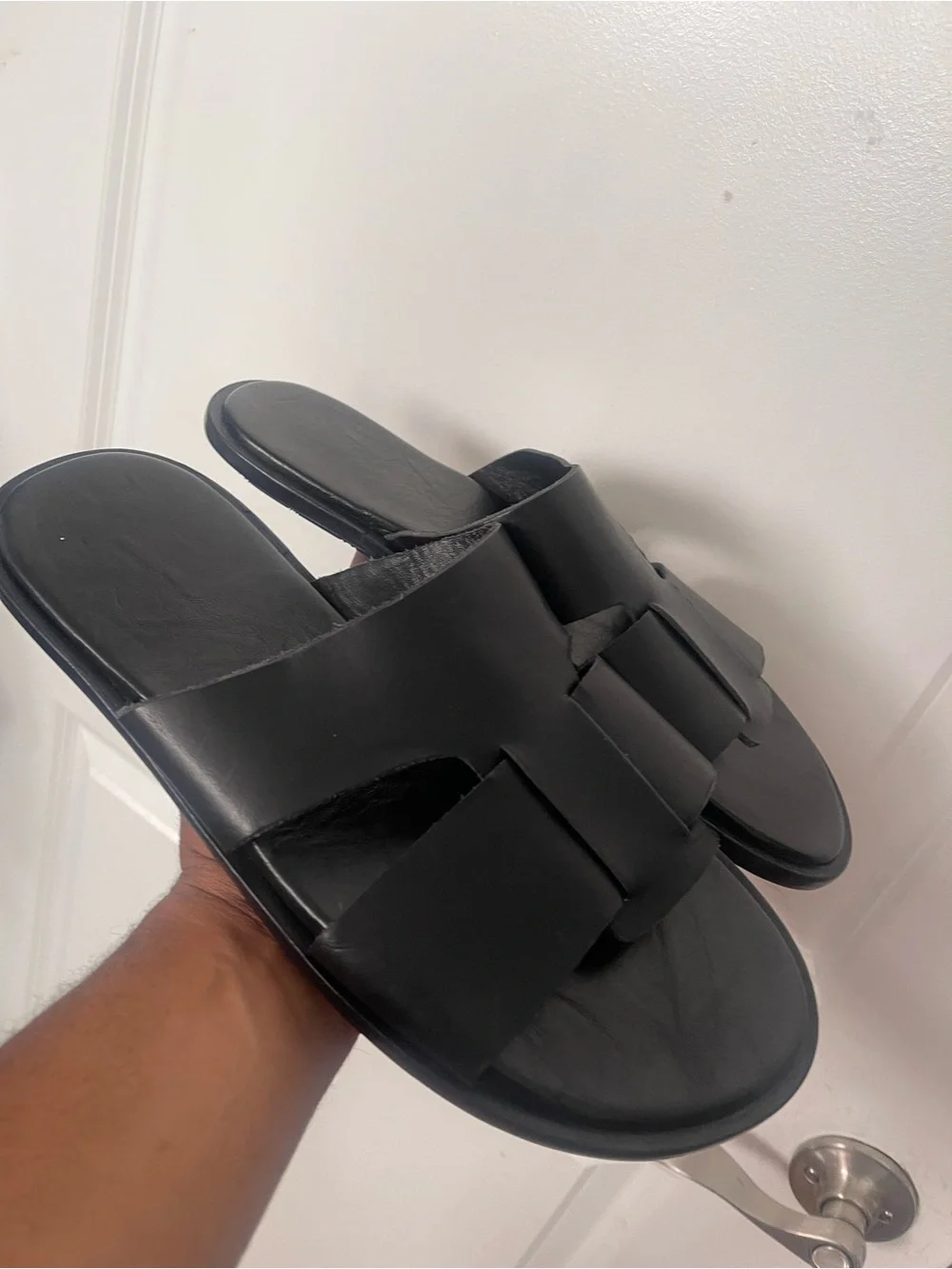 Brand New Men’s Black Leather Slide Sandals Sz 11